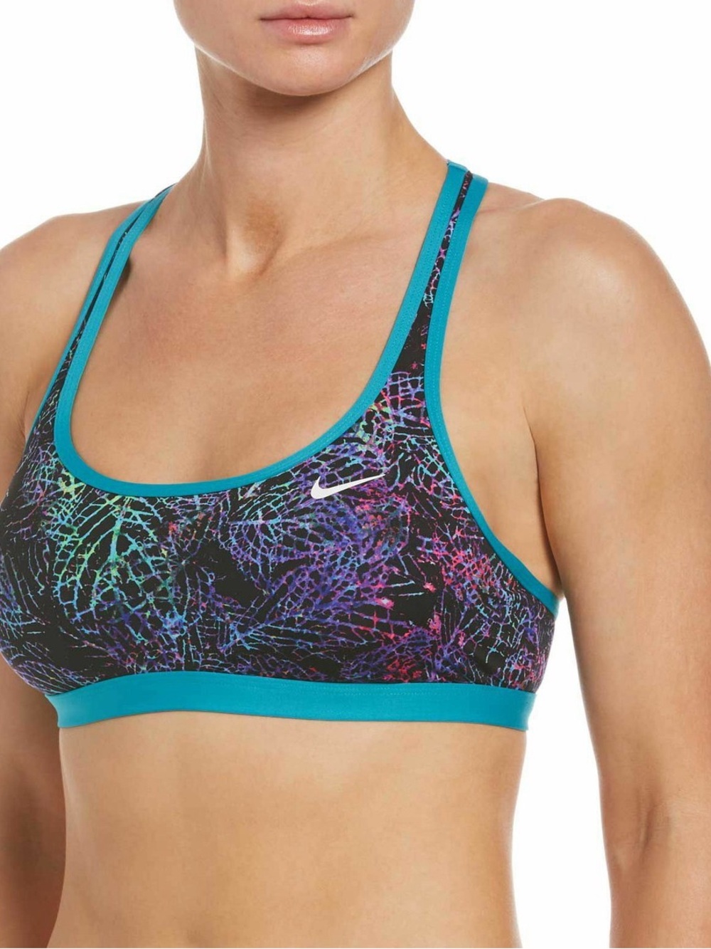 Nike women's black multicolor printed sports bra with teal trim